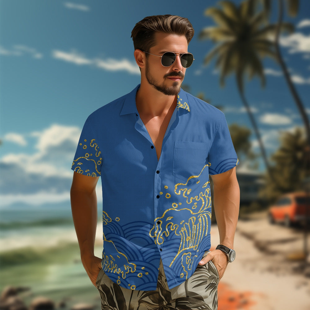 Men's Loose Short Sleeves Cotton Casual Shirt with Wave Pattern Blue