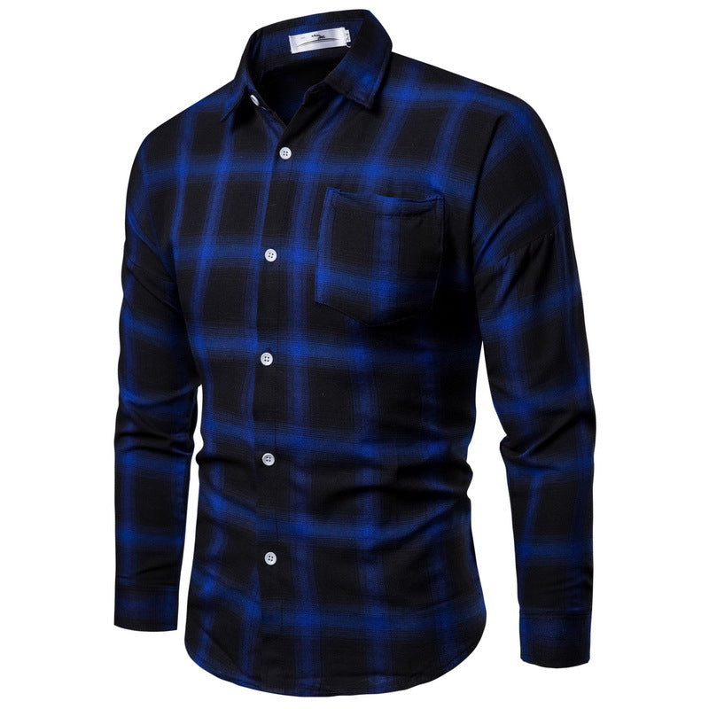 Men's Loose Long Sleeves Casual Plaid Shirt Royal Blue