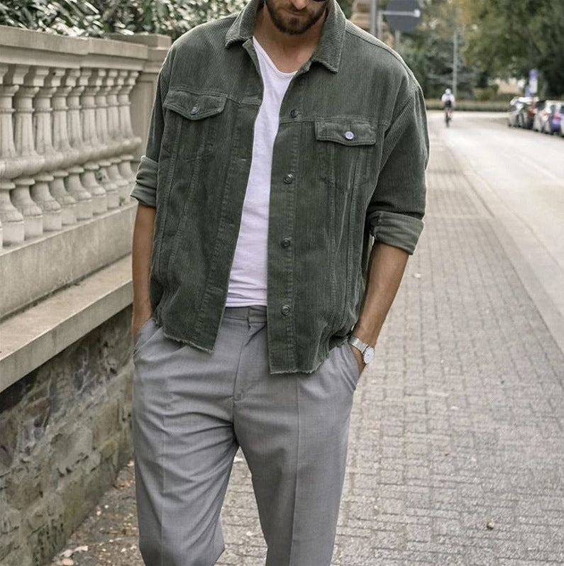 Men's Long Sleeves Casual Punk Style Corduroy Loose Jacket with Pockets Army Green