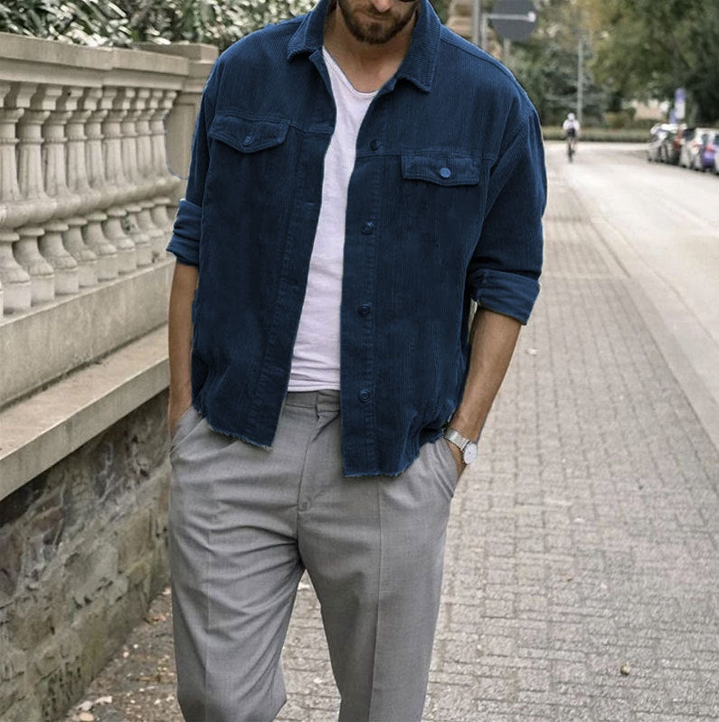 Men's Long Sleeves Casual Punk Style Corduroy Loose Jacket with Pockets Navy Blue