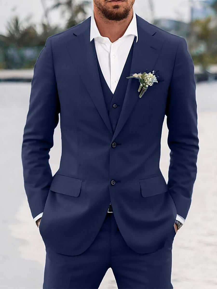 Sky Blue Men's 3 Pieces Single Breasted Two-buttons Tailored Fit Casual Business Suits Dark Blue