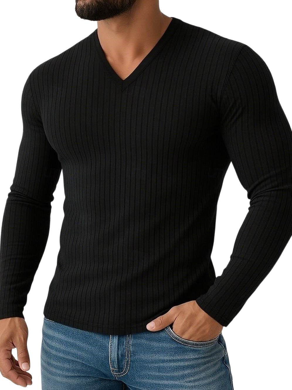 Men's Shirt Stretchy Slim Fit V Neck Solid Color Long Sleeves Shirt Black