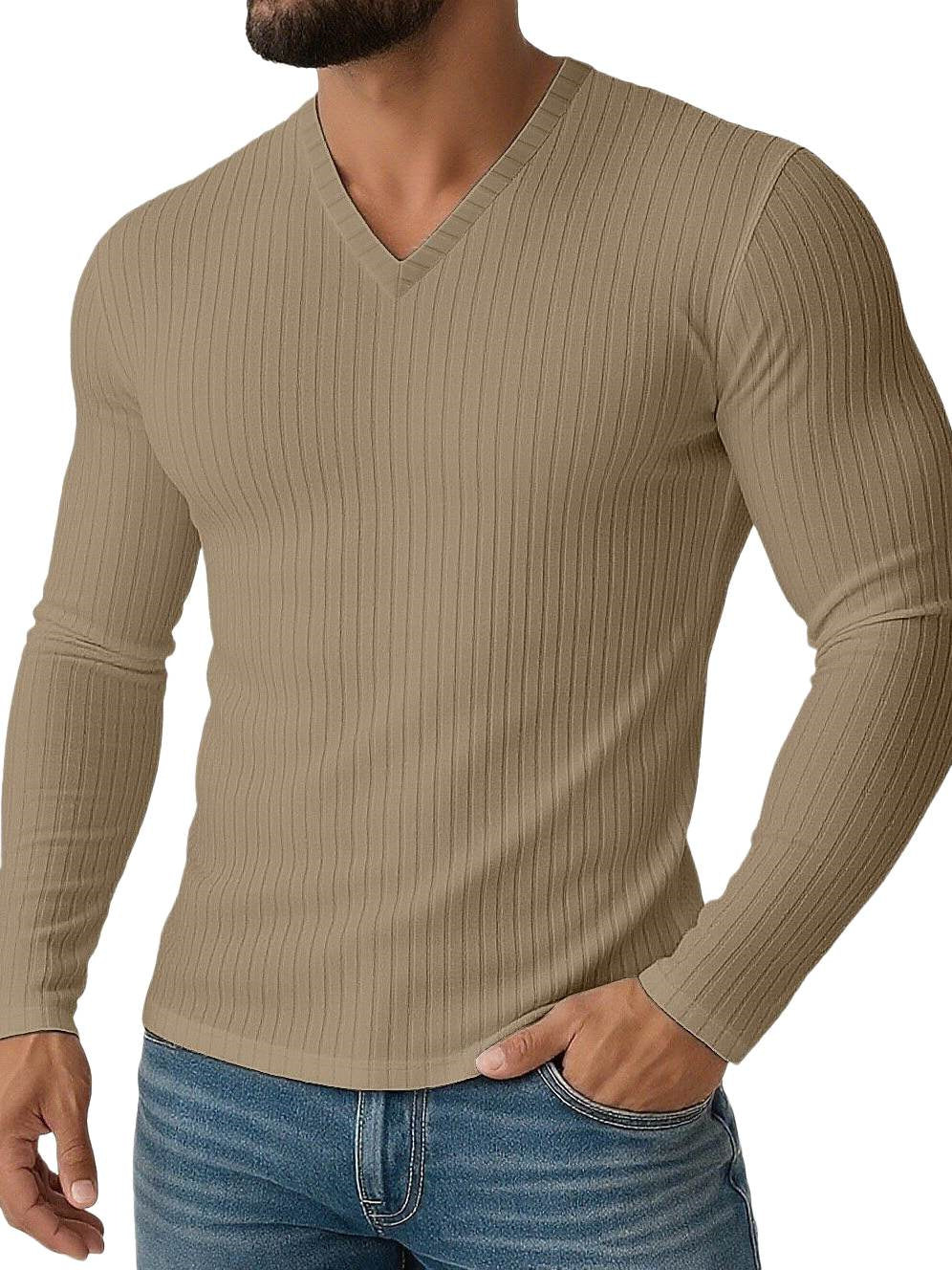 Men's Shirt Stretchy Slim Fit V Neck Solid Color Long Sleeves Shirt khaki