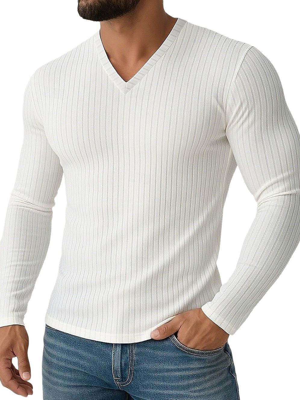 Men's Shirt Stretchy Slim Fit V Neck Solid Color Long Sleeves Shirt White