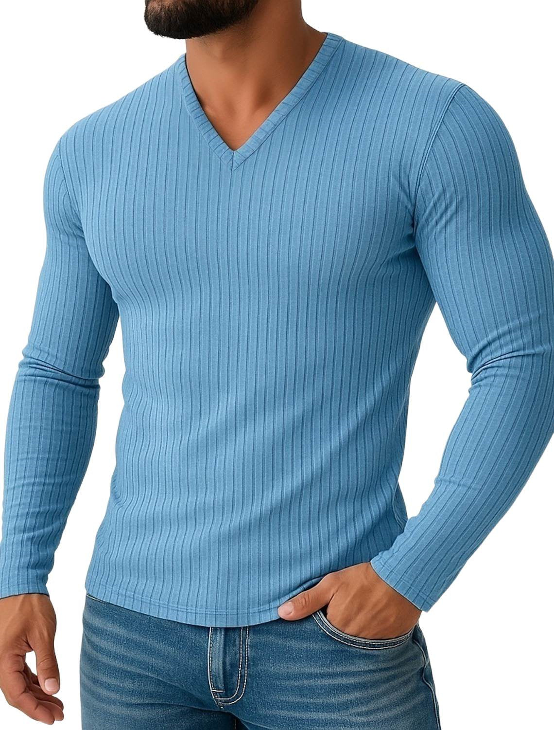 Men's Shirt Stretchy Slim Fit V Neck Solid Color Long Sleeves Shirt Blue