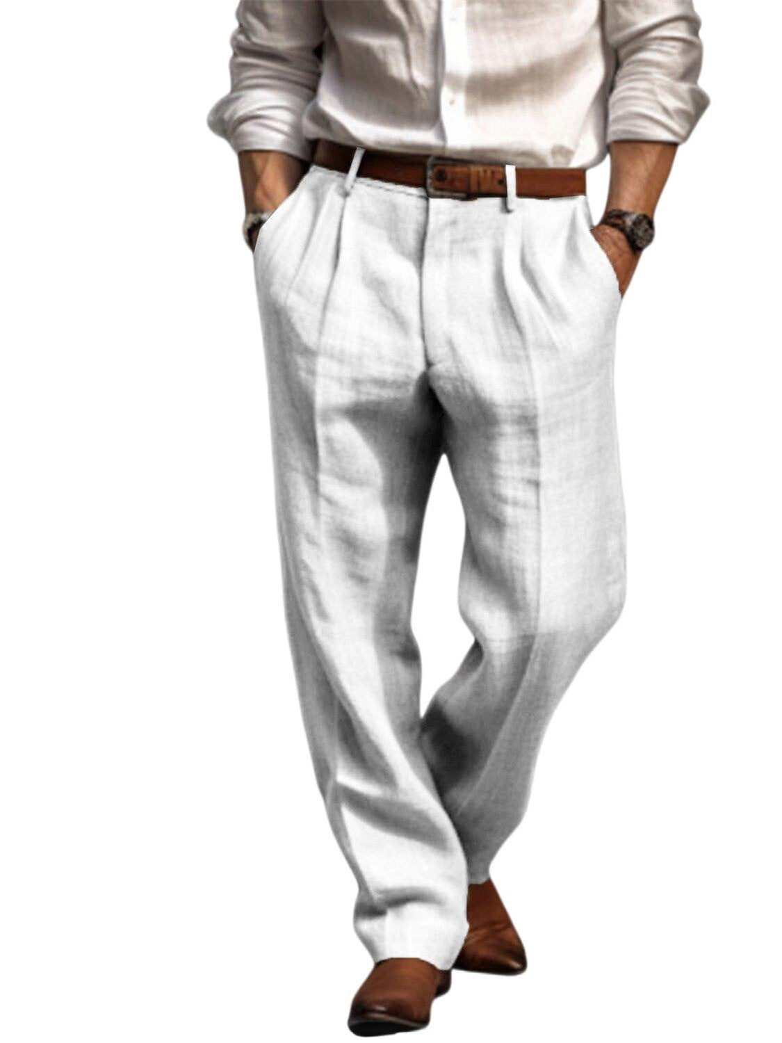 Men's Linen Long Pants Trousers Summer Pleated Fashion Pants White