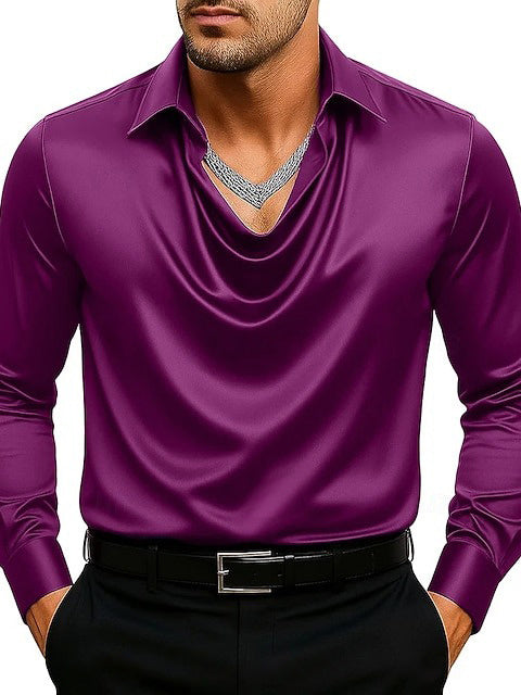 Men's Fashion Long Sleeves Lapel Ruched Casual Shirt Dark Purple