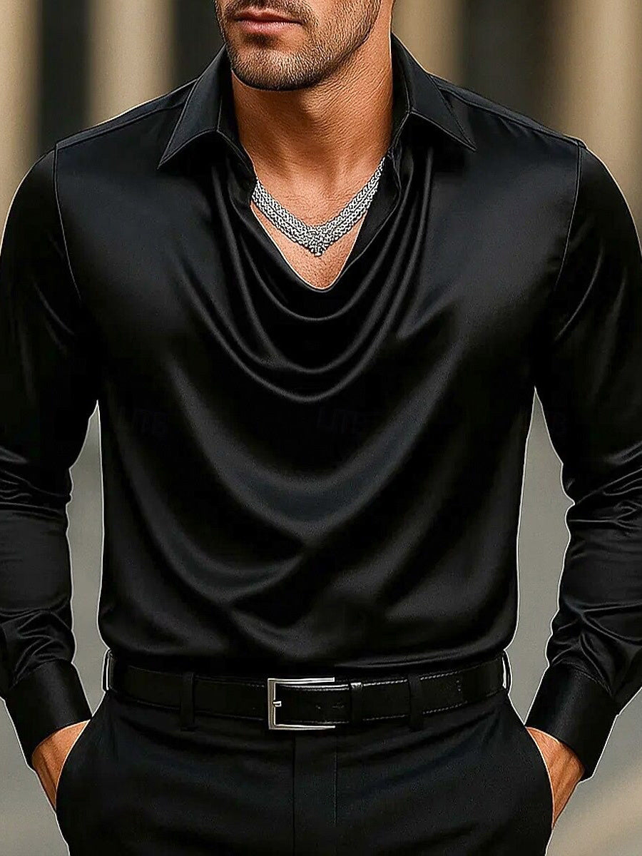 Men's Fashion Long Sleeves Lapel Ruched Casual Shirt Black