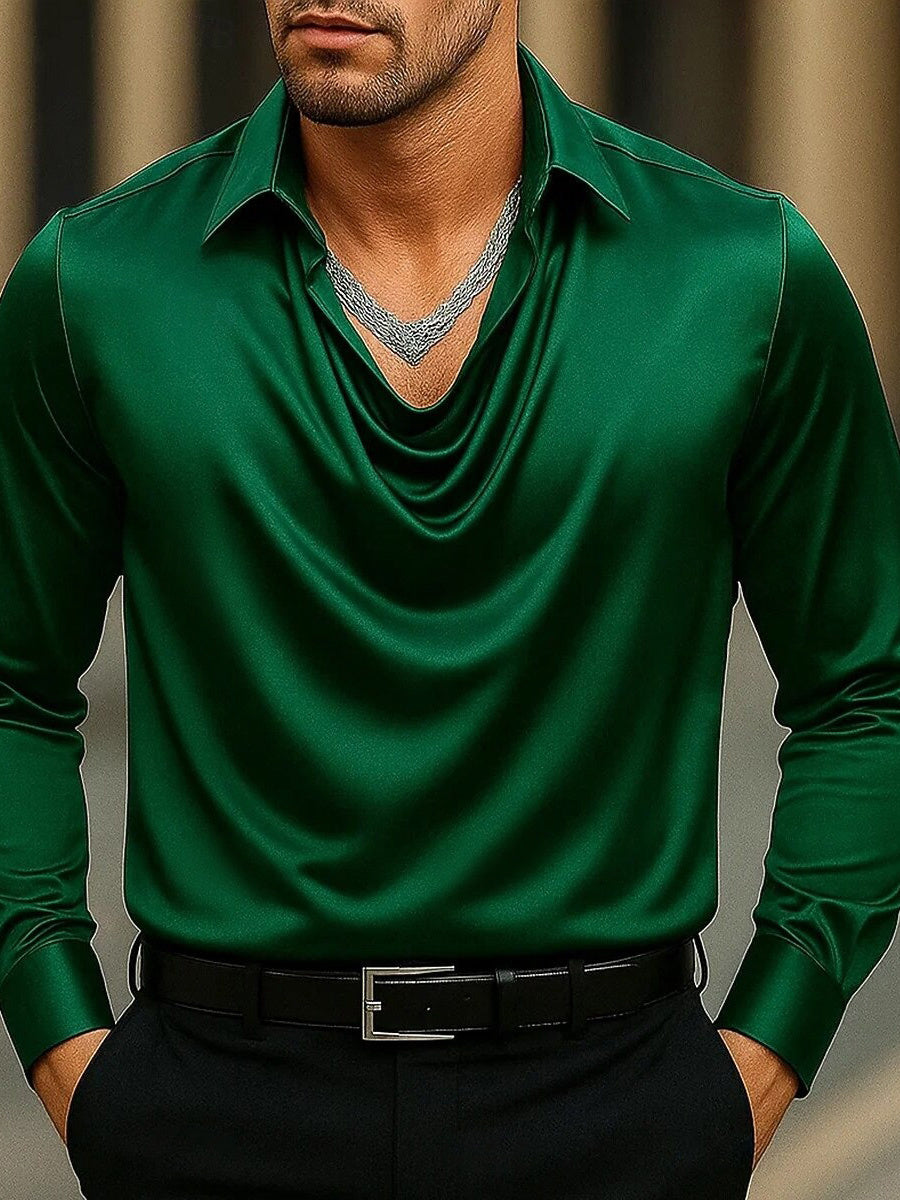 Men's Fashion Long Sleeves Lapel Ruched Casual Shirt Green