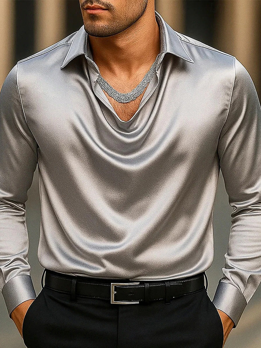 Men's Fashion Long Sleeves Lapel Ruched Casual Shirt Silver