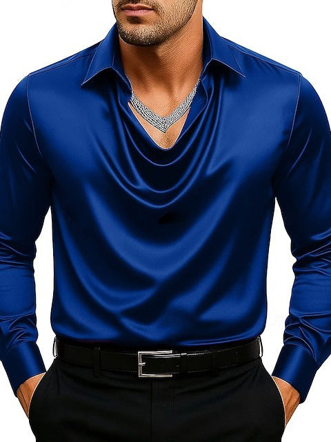 Men's Fashion Long Sleeves Lapel Ruched Casual Shirt Navy Blue