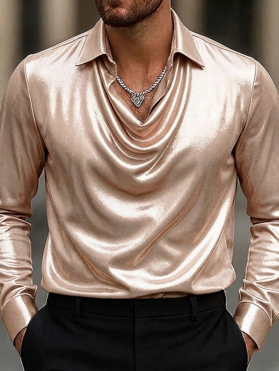 Men's Fashion Long Sleeves Lapel Ruched Casual Shirt Gold