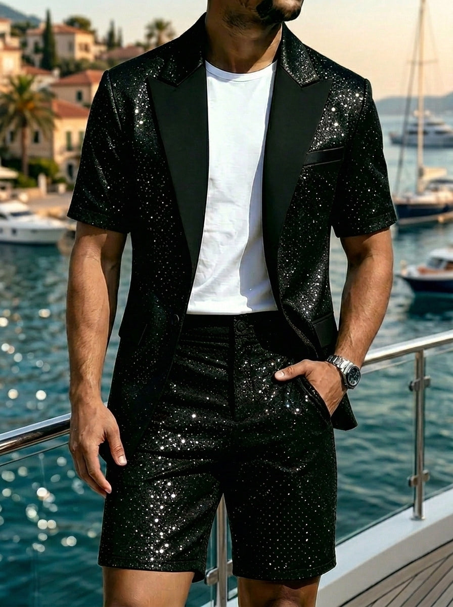 Men's Single Breasted One-Button 2 Pieces Sequin Suit Short Sleeves Black
