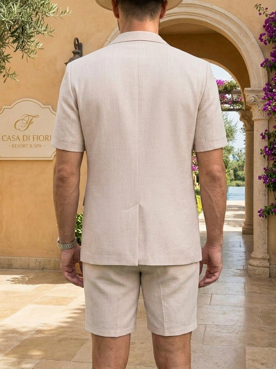 Men's Single Breasted Two-Buttons 2 Pieces Solid Color Suit Short Sleeves Black
