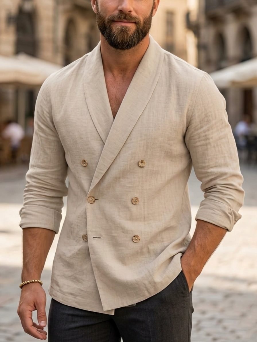 Men's Casual Double-Breasted Cotton and Linen Jacket Six-Buttons Long Sleeves Apricot
