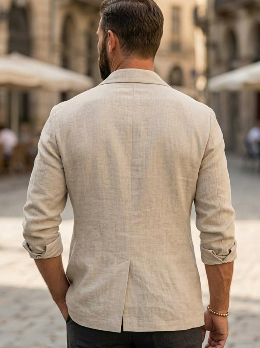 Men's Casual Double-Breasted Cotton and Linen Jacket Six-Buttons Long Sleeves White