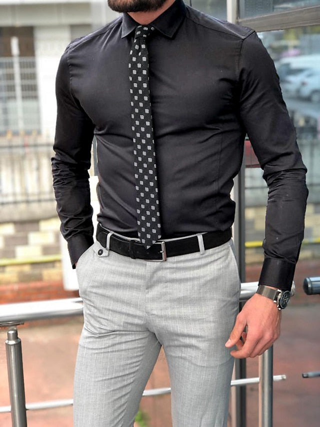 Men's Standard Fit Long Sleeve Lapel Polyester Shirt Black