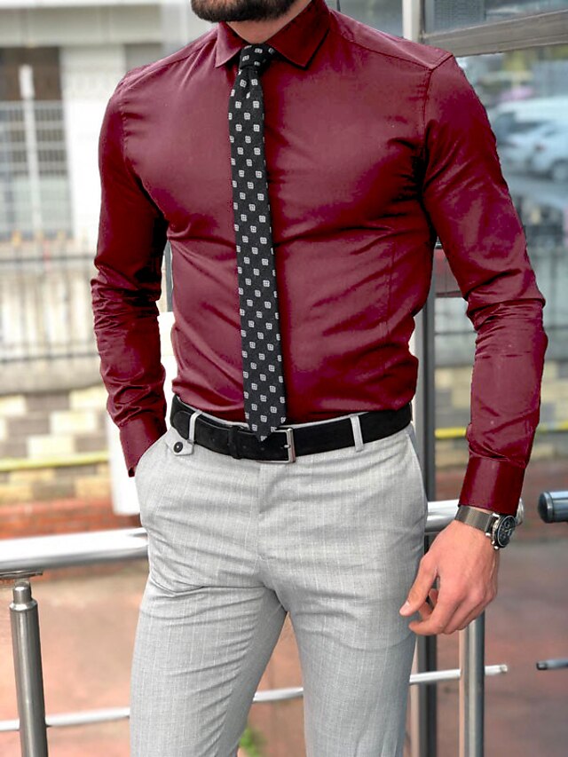 Men's Standard Fit Long Sleeve Lapel Polyester Shirt Burgundy