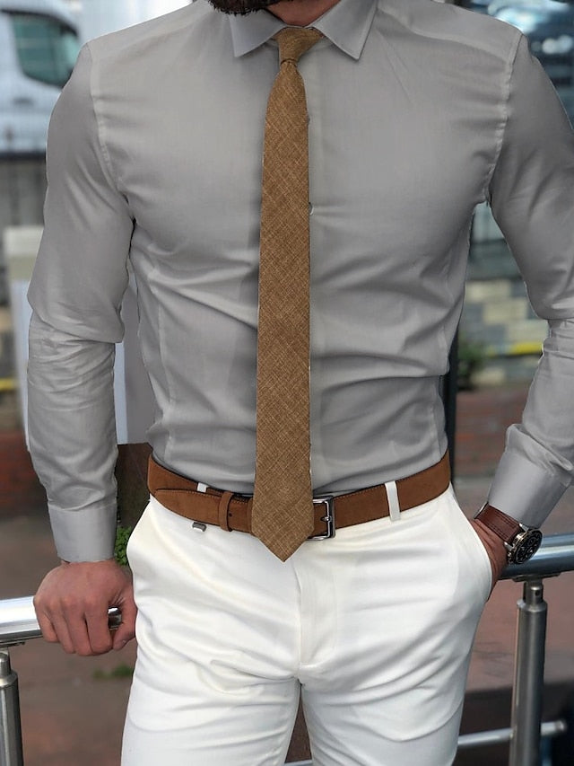 Men's Standard Fit Long Sleeve Lapel Polyester Shirt Light Gray