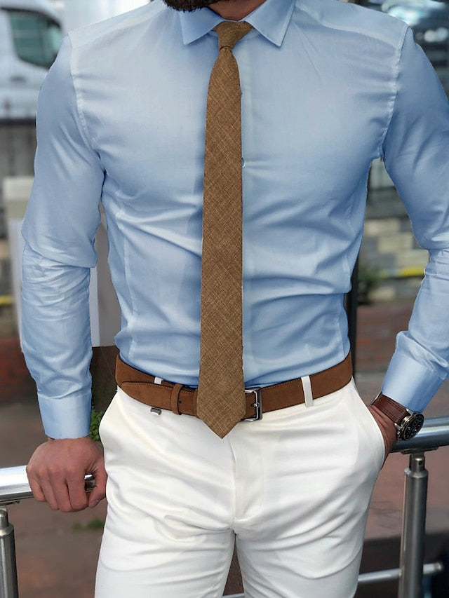 Men's Standard Fit Long Sleeve Lapel Polyester Shirt Light Blue