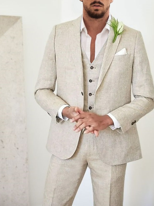 Men's Tailored Fit Single Breasted Two-buttons 3 Pieces Wedding Suits Beige