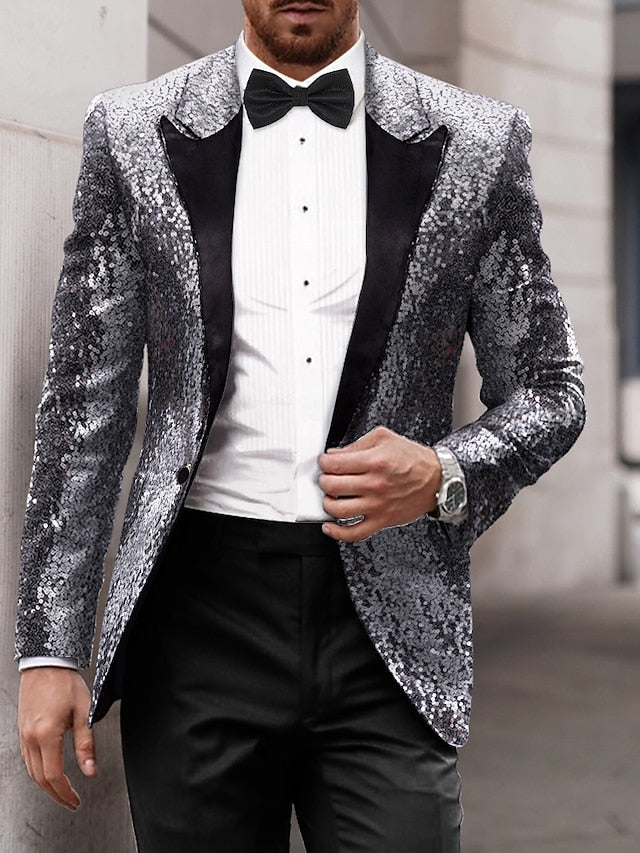 Gold Red Blue Gray Purple Men's Tailored Fit Single Breasted One-button Sequins Party Jacket Silver