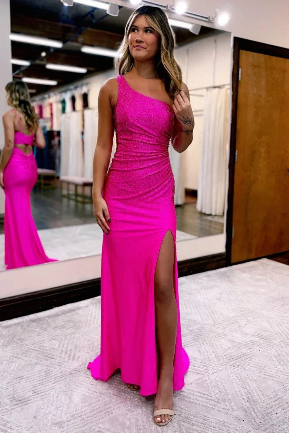 Asymmetric Beaded Gown with Figure Hugging Silhouette Split Prom Dresses