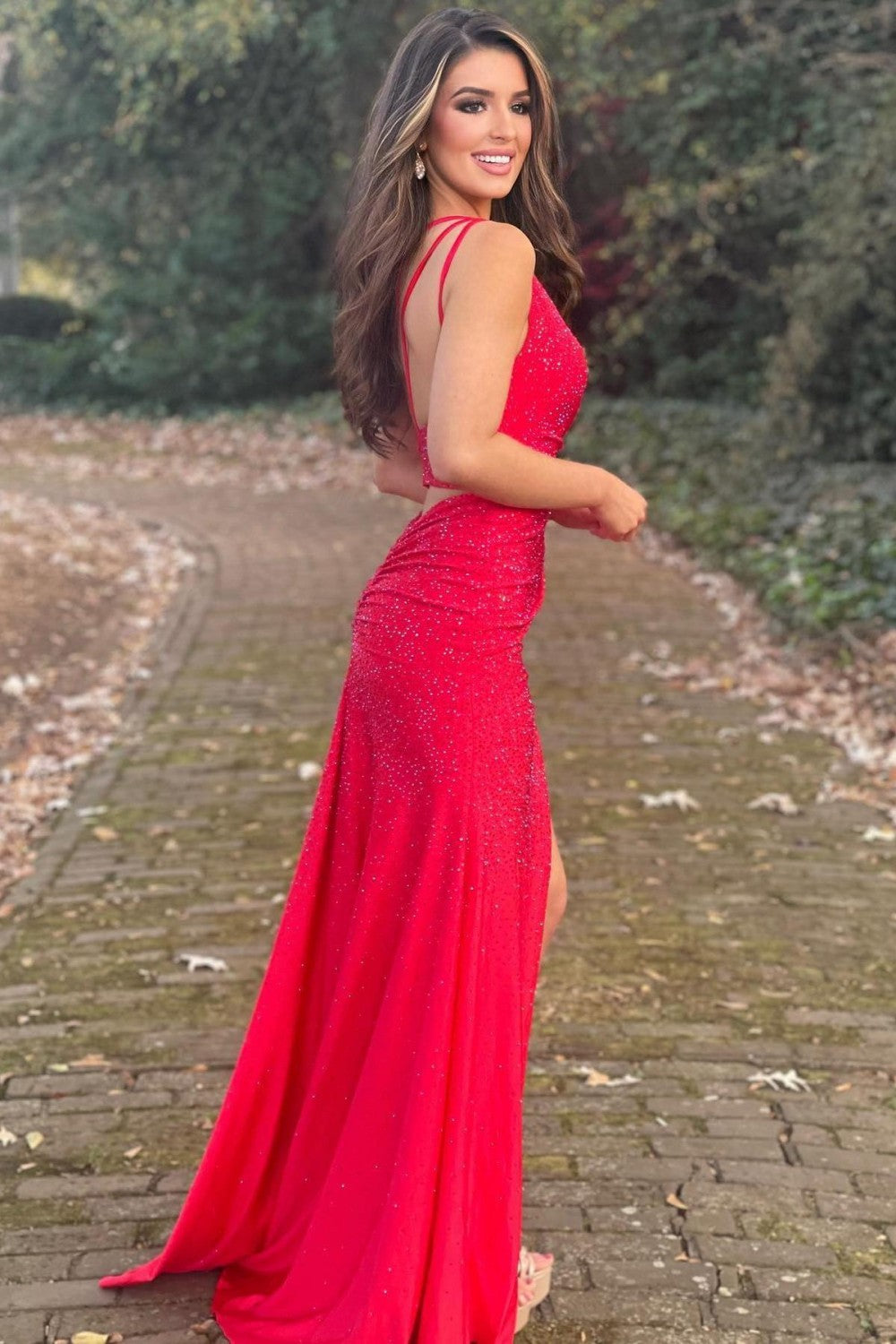 Asymmetric Beaded Gown with Figure Hugging Silhouette Split Prom Dresses