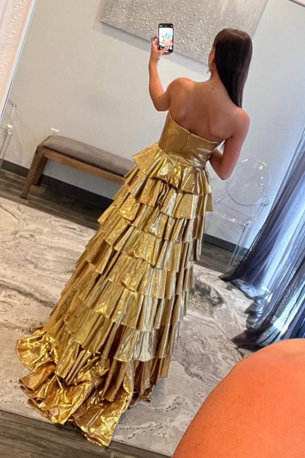 Metallic Gold A-Line Sweetheart Long Tiered Ruffle Prom Gown