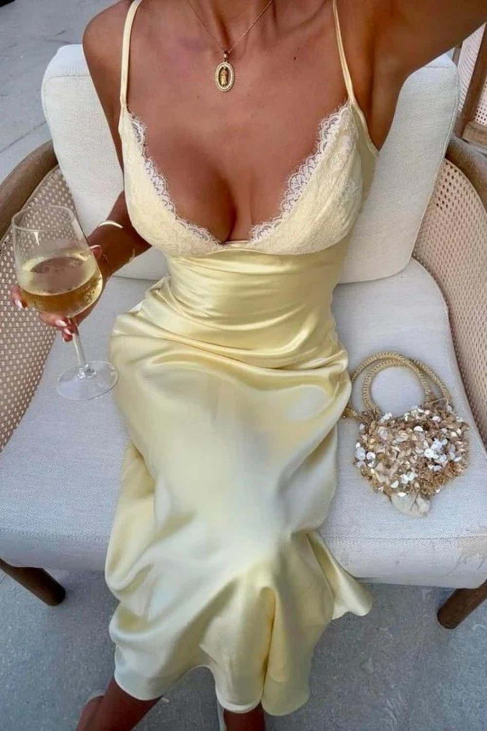 Minimalist Yellow Spaghetti Straps Satin Prom Dress with Lace Bust Detail