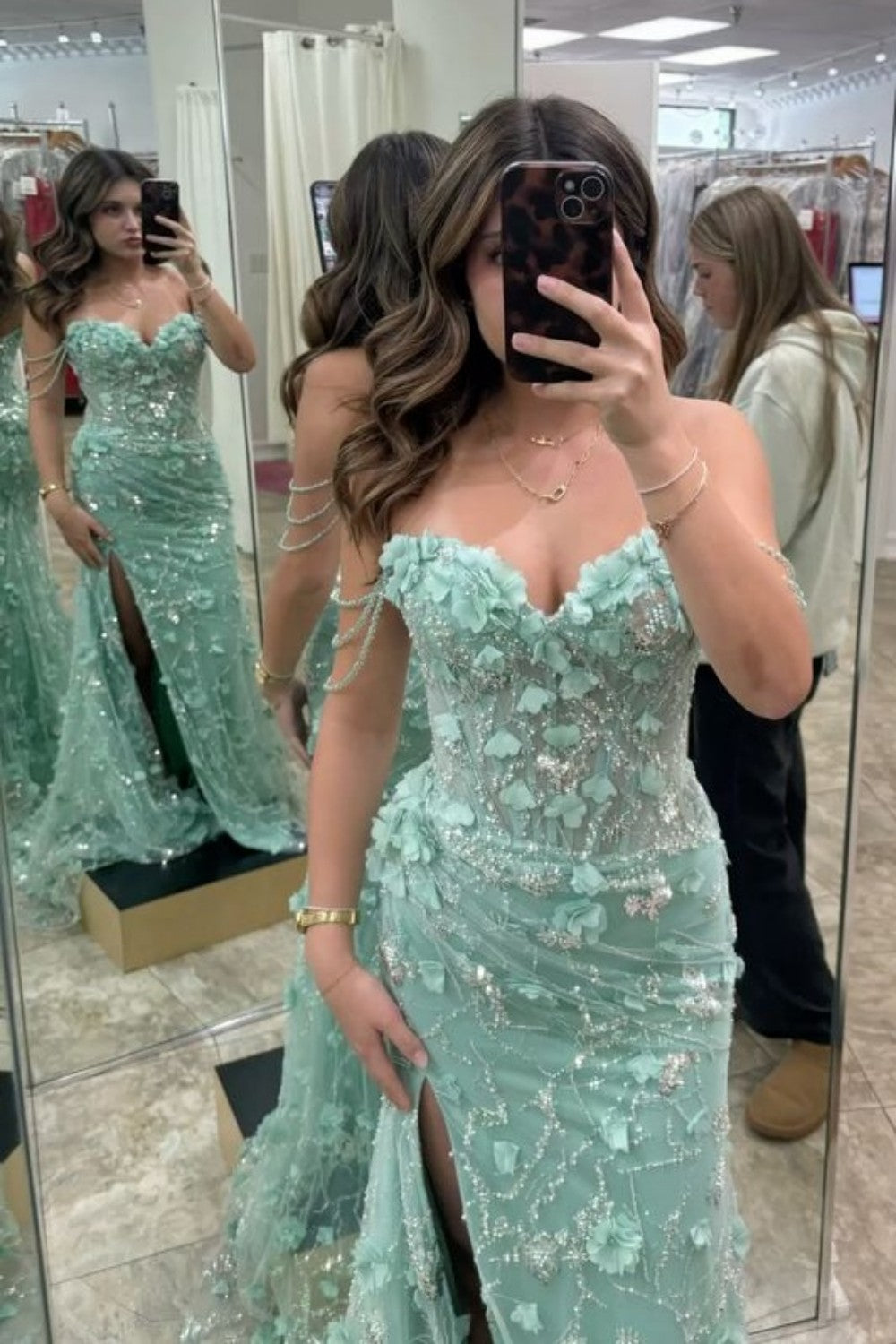 Mint Green Mermaid Off Shoulder Prom Dress with Floral Appliques and Glitter
