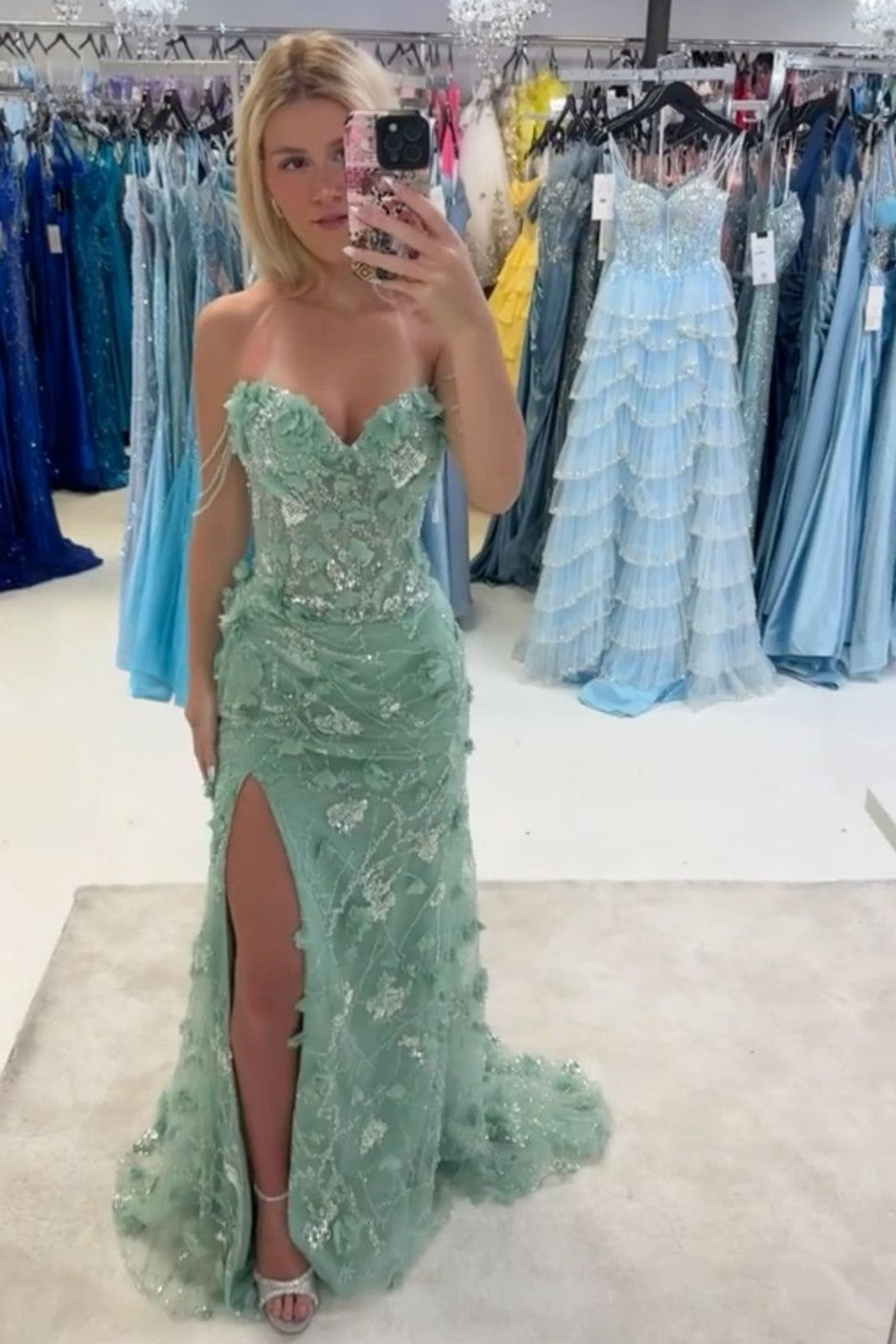 Mint Green Mermaid Off Shoulder Prom Dress with Floral Appliques and Glitter