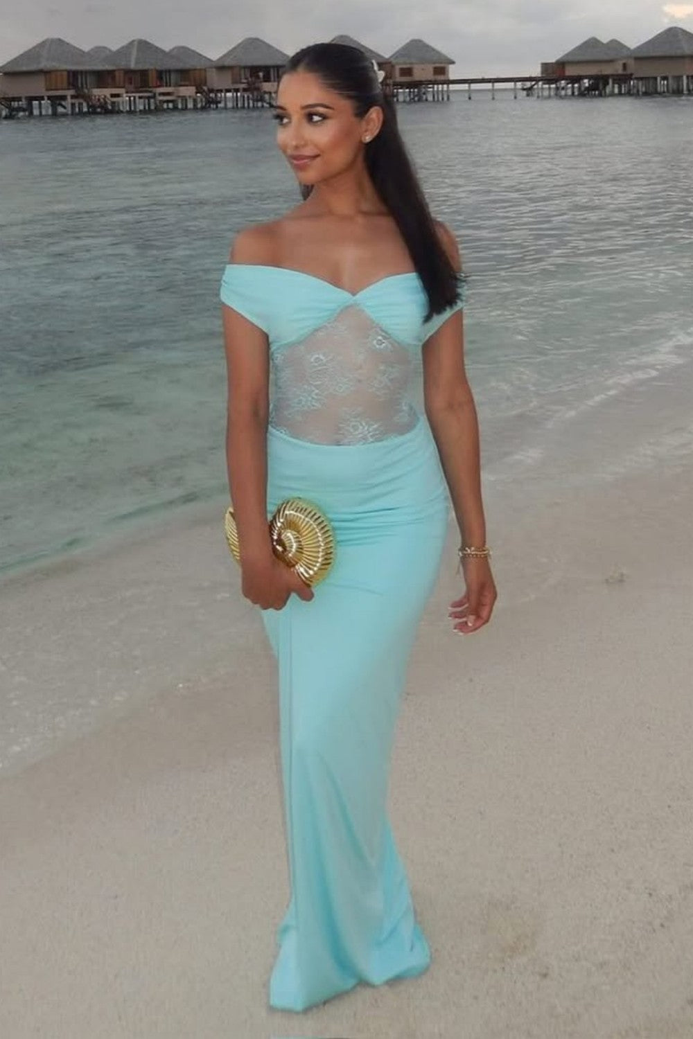 Mint Green Off The Shoulder Sheer Lace Waist Formal Evening Gown
