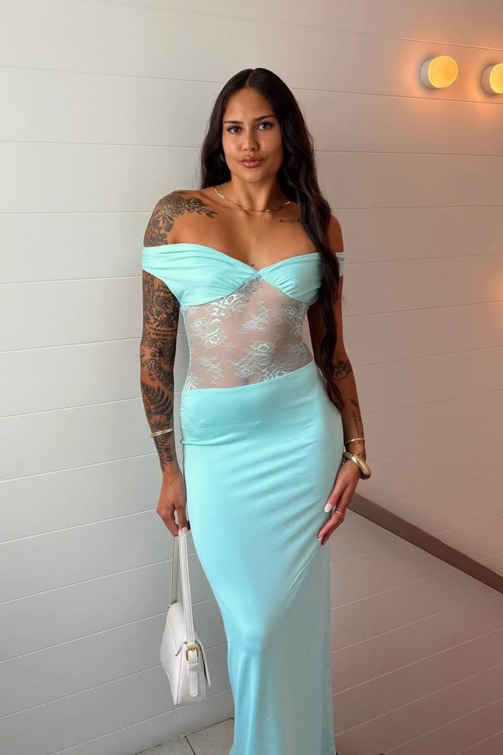 Mint Green Off The Shoulder Sheer Lace Waist Formal Evening Gown