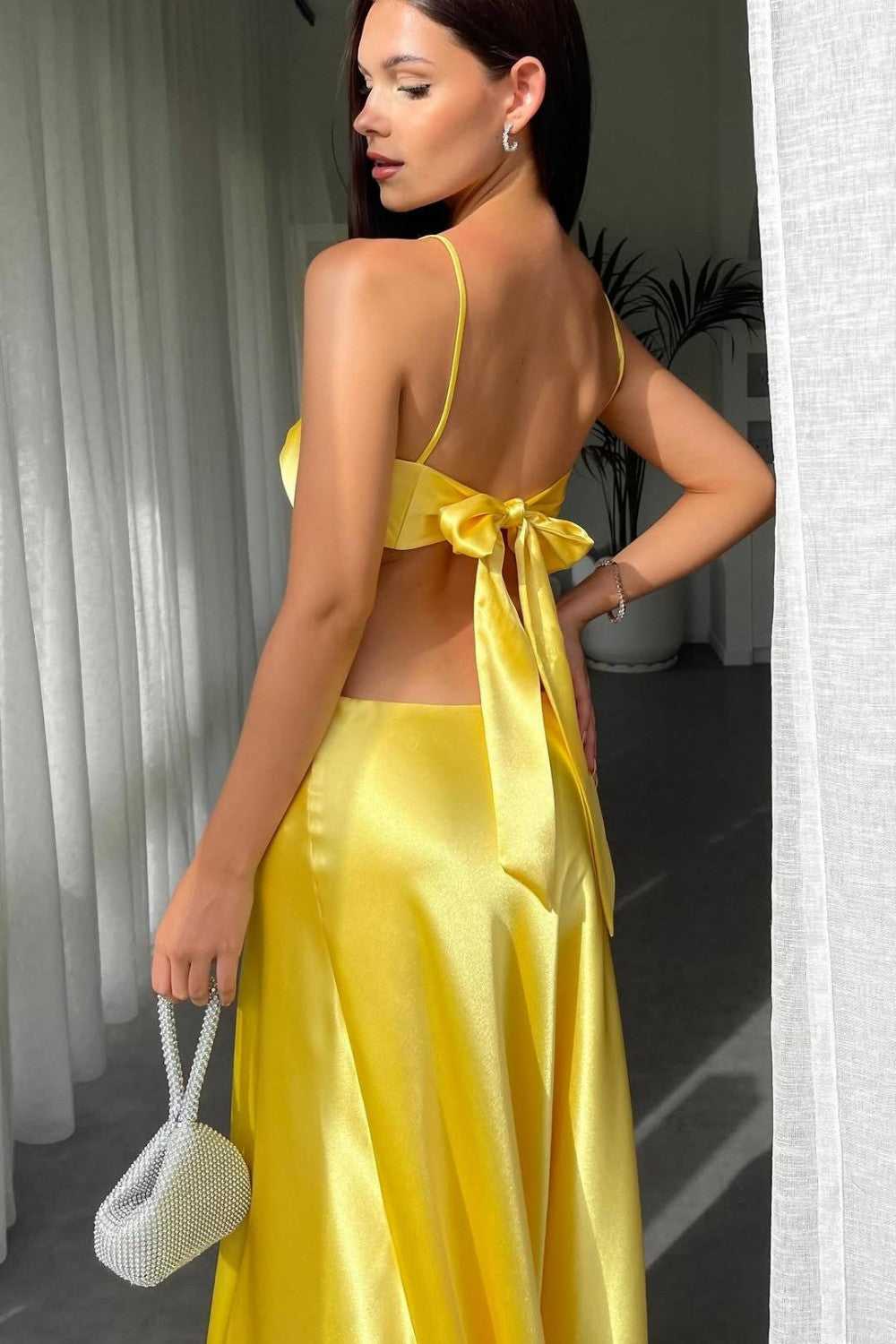 Mint Green Satin Cutout Prom Dress with Bow Bodice and Spaghetti Straps