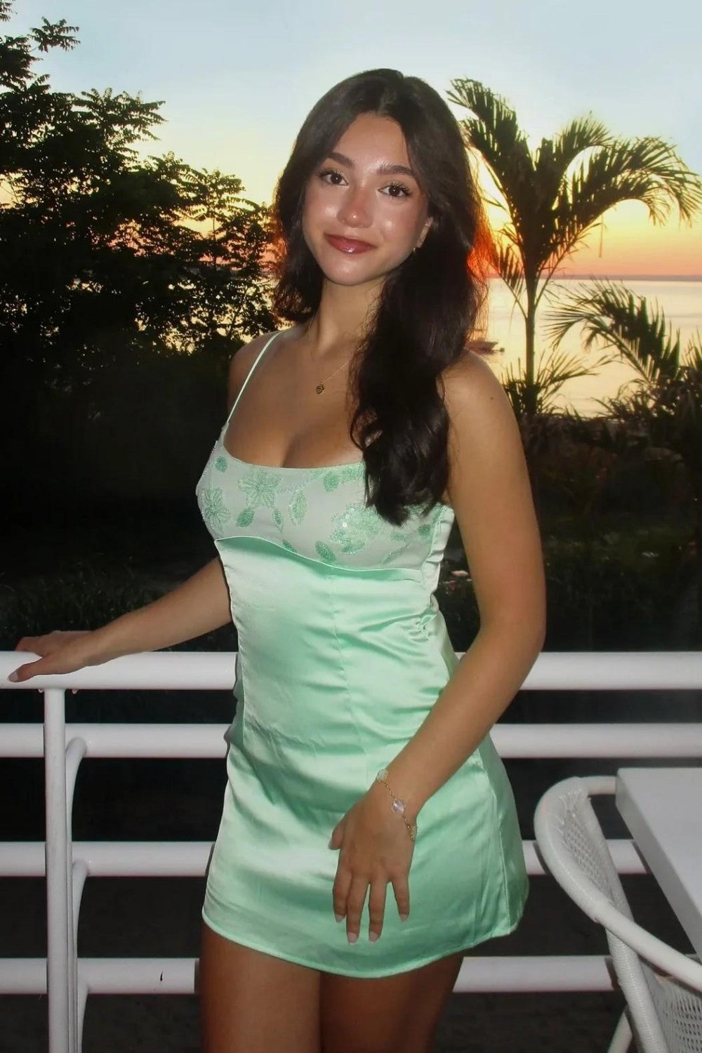 Mint Green Satin Spaghetti Straps Homecoming Dress with Floral Embroidery