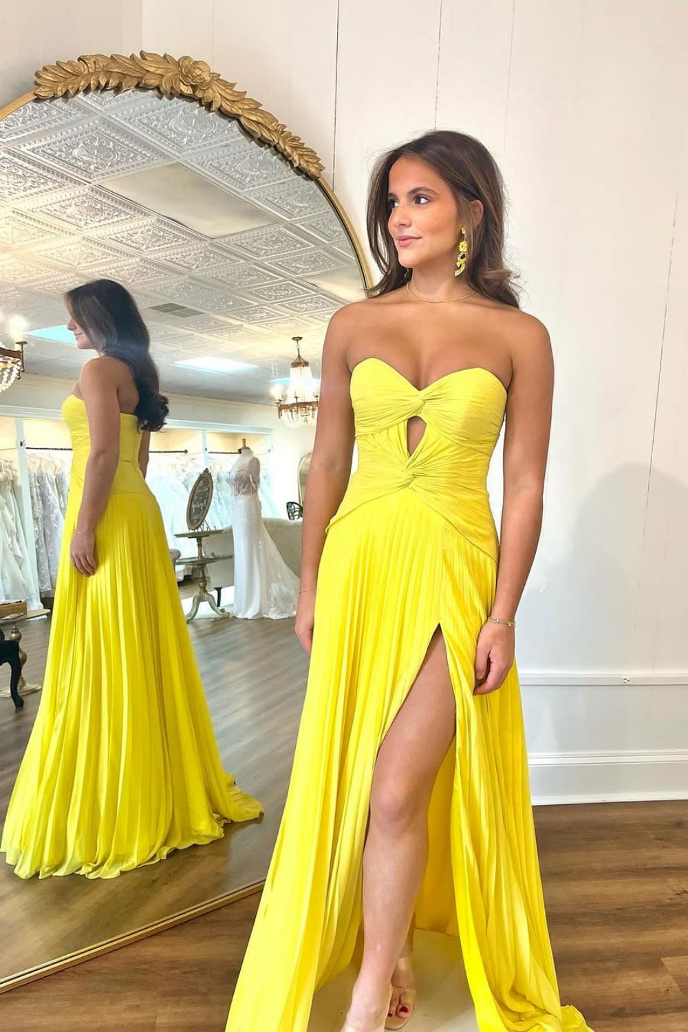 Mint Green Strapless Pleated Prom Dress with Front Twist & Slit