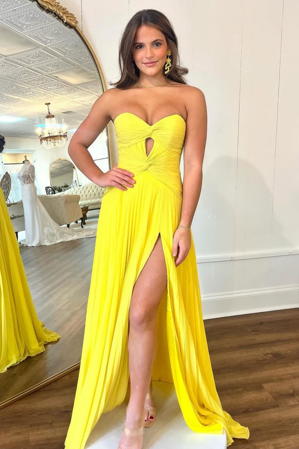 Mint Green Strapless Pleated Prom Dress with Front Twist & Slit