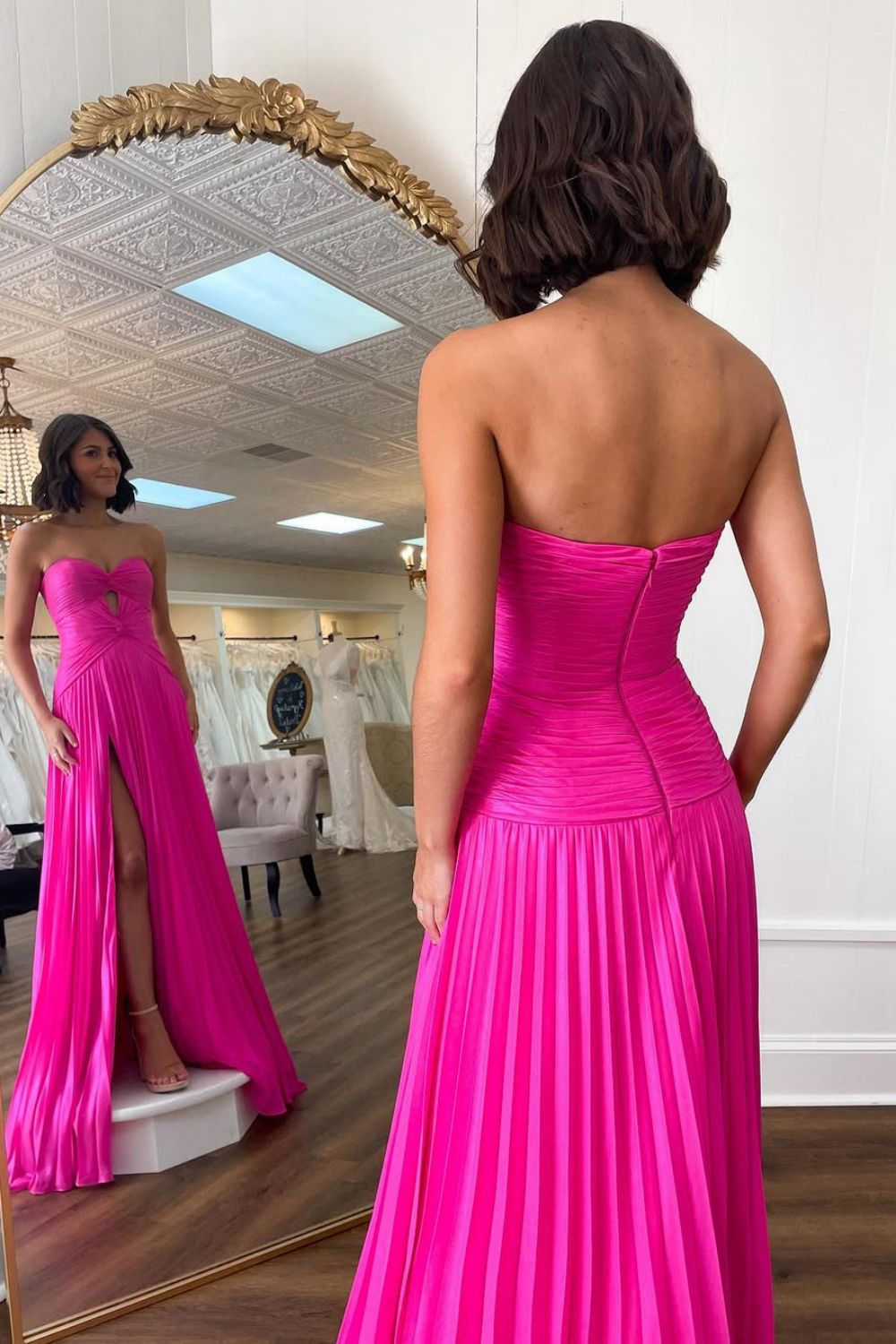 Mint Green Strapless Pleated Prom Dress with Front Twist & Slit