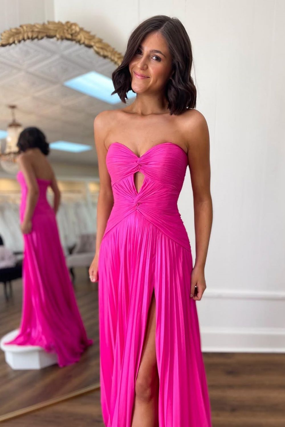 Mint Green Strapless Pleated Prom Dress with Front Twist & Slit