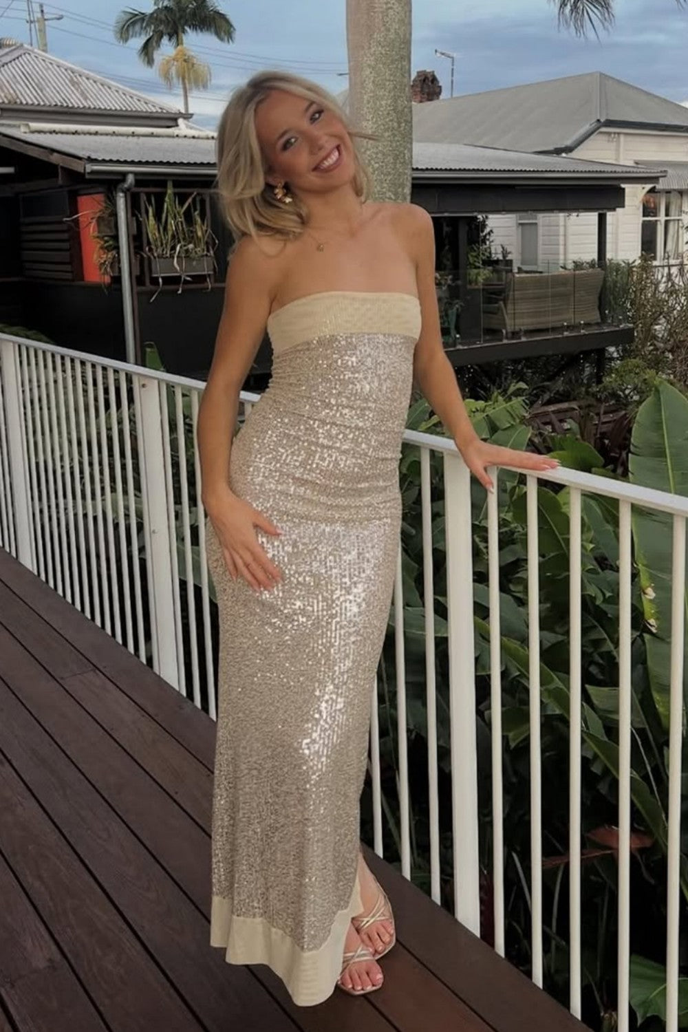 Modern Sequin Strapless Prom Gown with Minimalist Design and Glamorous Finish