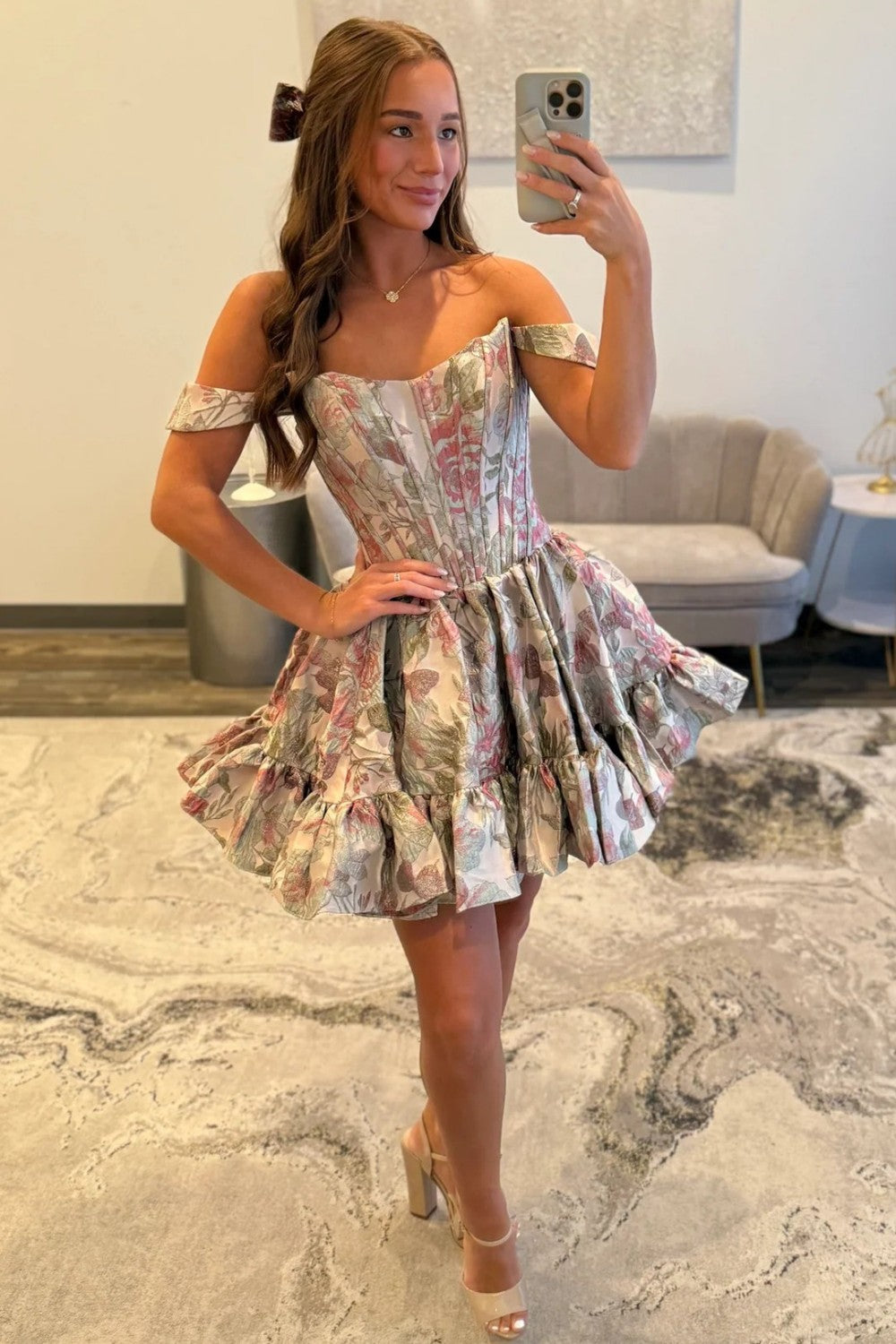 Navy Blue Off-the-Shoulder Floral Jacquard Homecoming Dress with Ruffle Hem