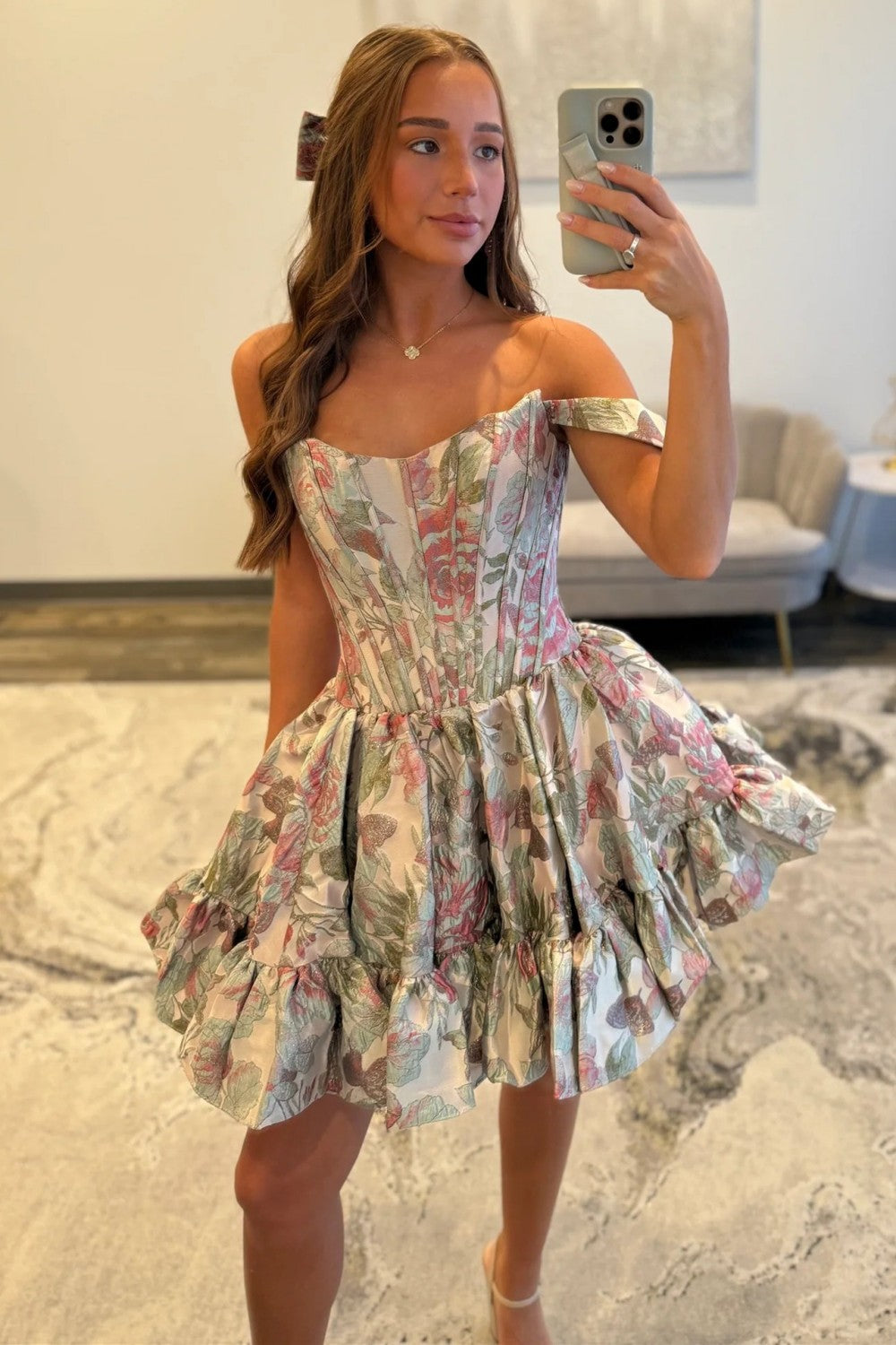 Navy Blue Off-the-Shoulder Floral Jacquard Homecoming Dress with Ruffle Hem