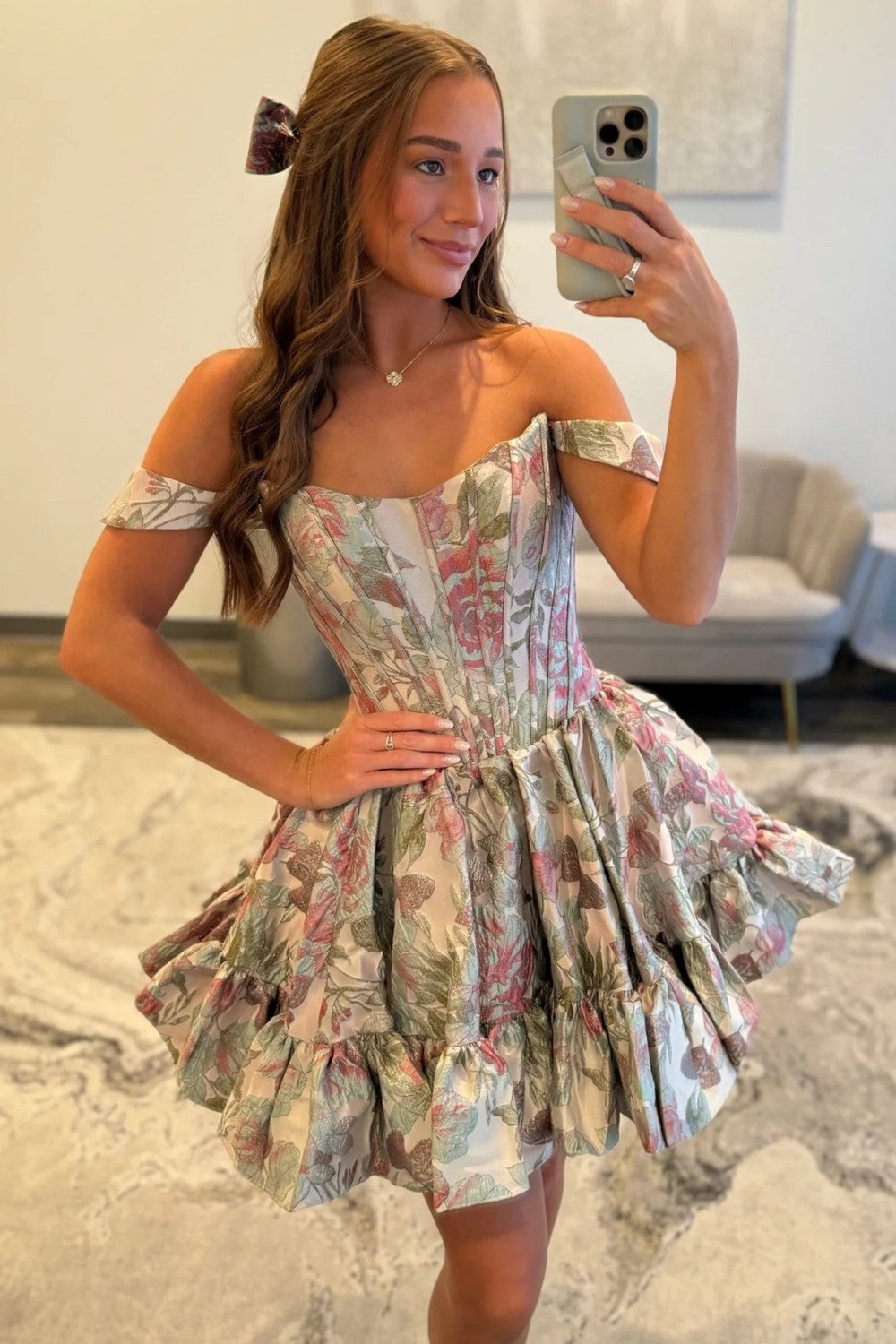 Navy Blue Off-the-Shoulder Floral Jacquard Homecoming Dress with Ruffle Hem