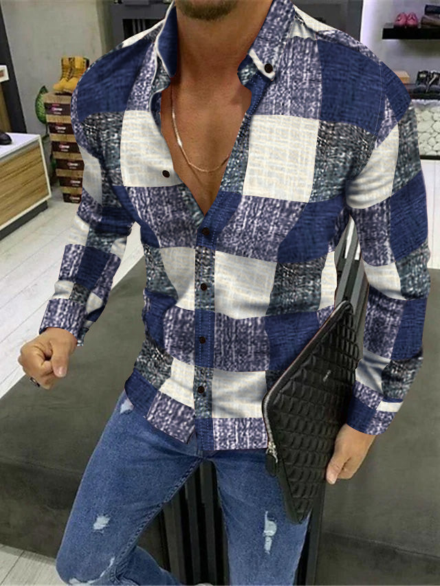 Men's Casual Cotton Blend Long Sleeves Plaid Color Block Shirt Navy Blue