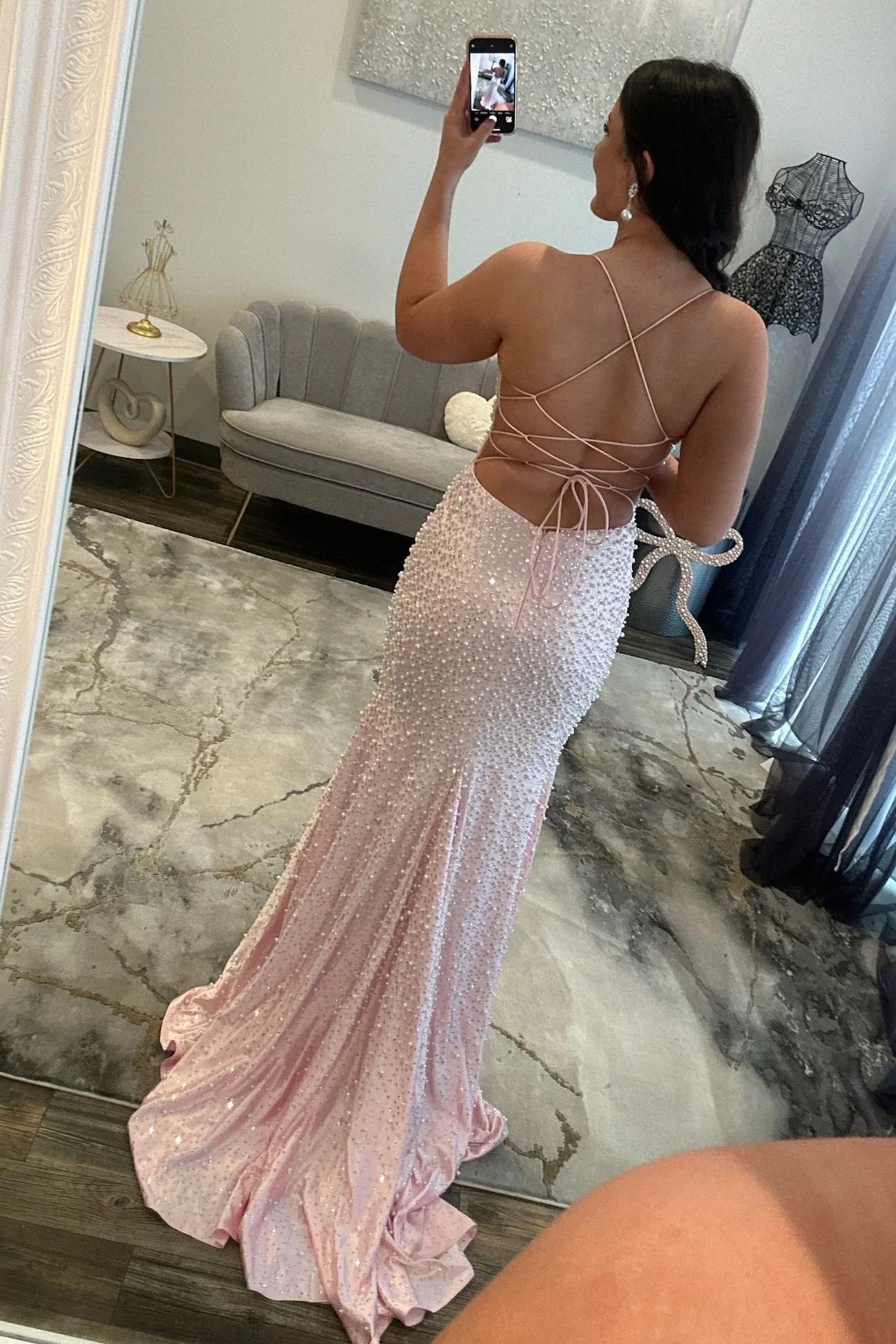 Glamorous Black Pearl Beaded Spaghetti Straps Mermaid Prom Dress