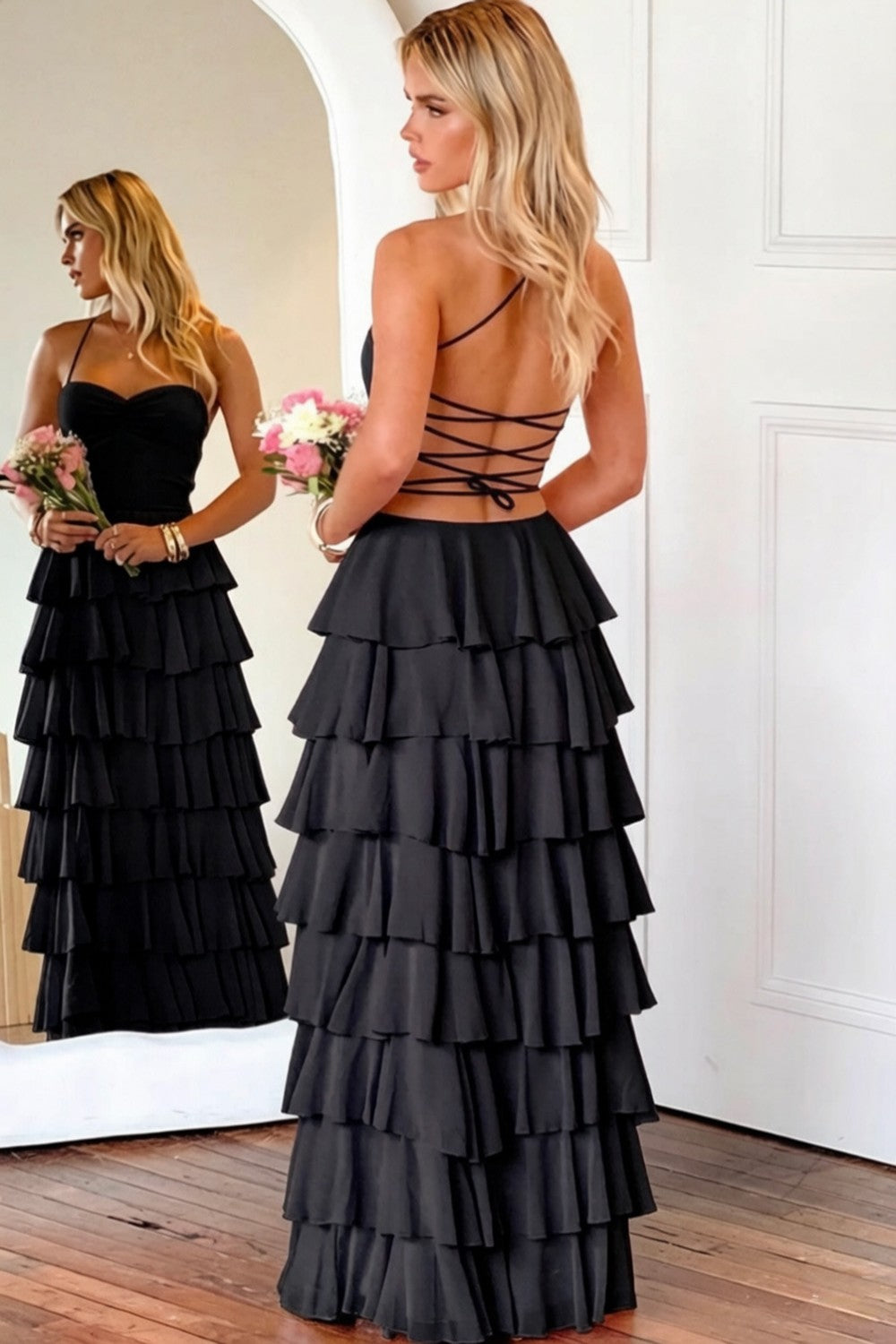 Pink Ruffle Tiered Spaghetti Straps Lace-Up Back Prom Dress with Slit