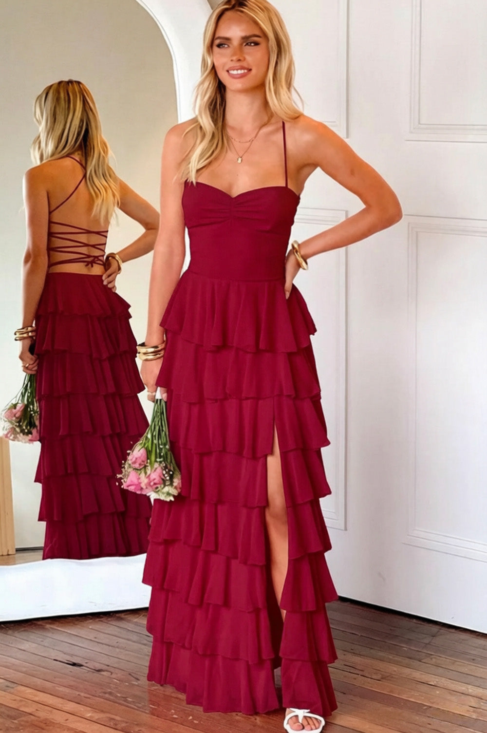 Pink Ruffle Tiered Spaghetti Straps Lace-Up Back Prom Dress with Slit