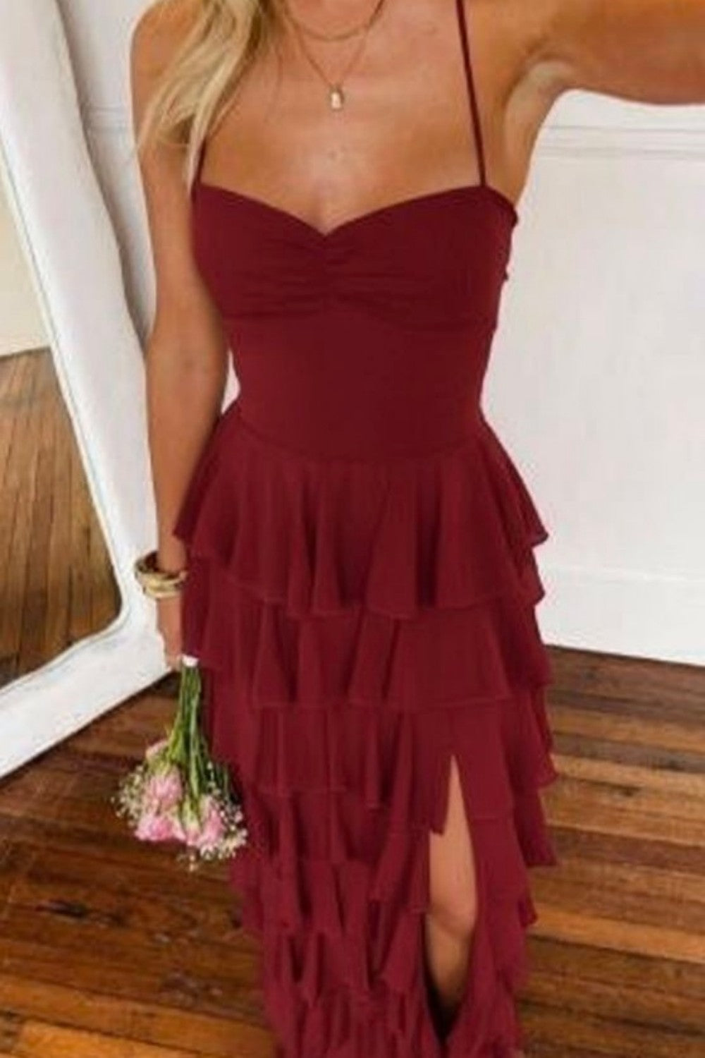 Pink Ruffle Tiered Spaghetti Straps Lace-Up Back Prom Dress with Slit