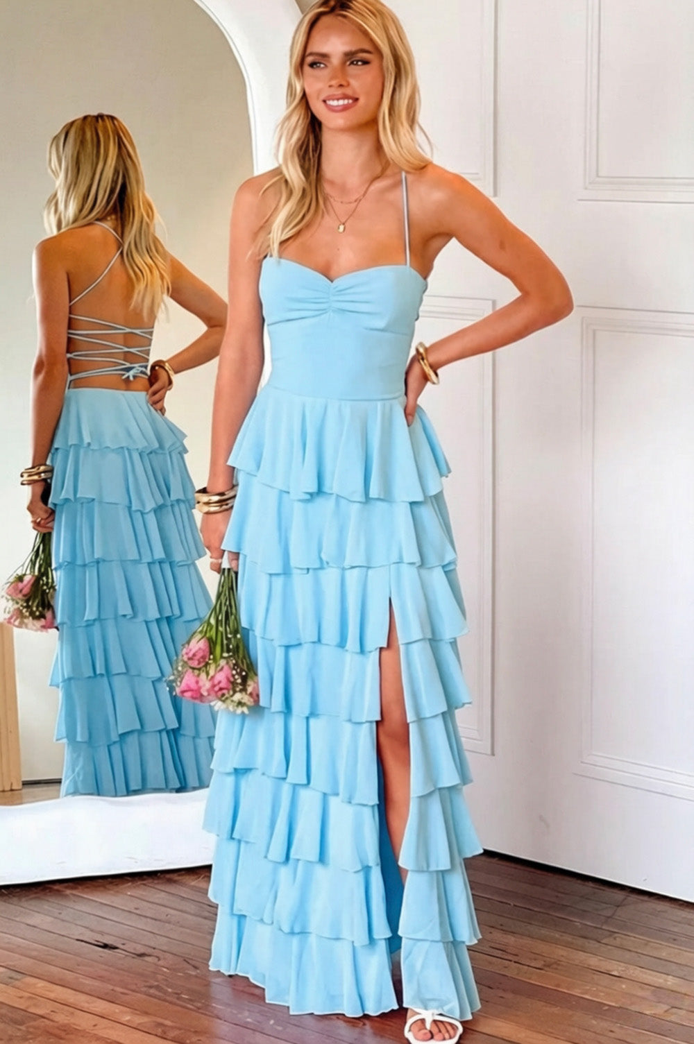 Pink Ruffle Tiered Spaghetti Straps Lace-Up Back Prom Dress with Slit